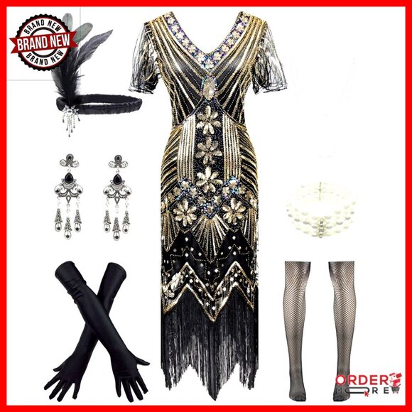 Dresses & Skirts - Vintage Lace Fringed 1920s Cocktail Dress with Accessories Set